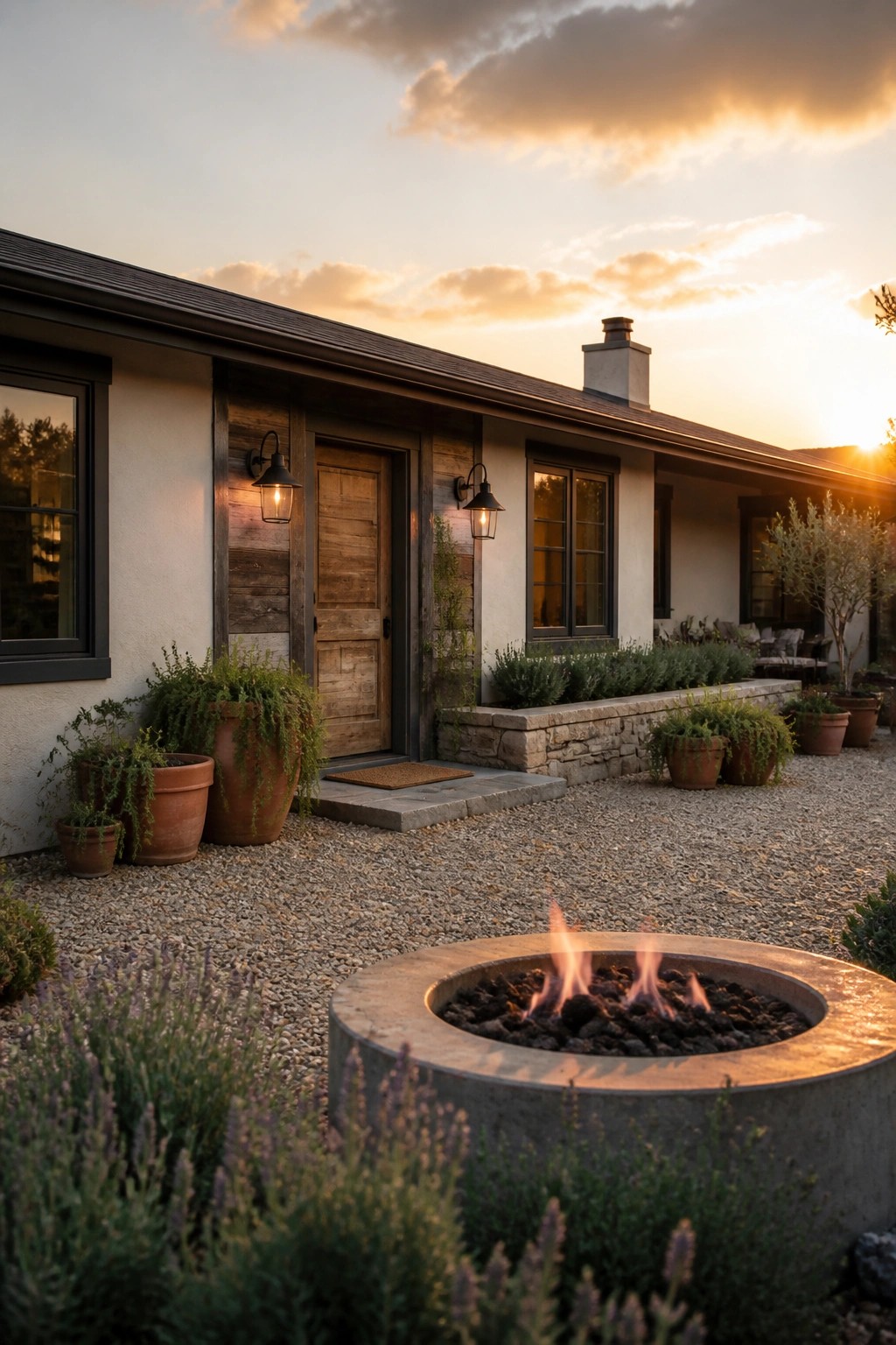 Rustic house with wooden door, potted plants, and flaming fire pit at sunset