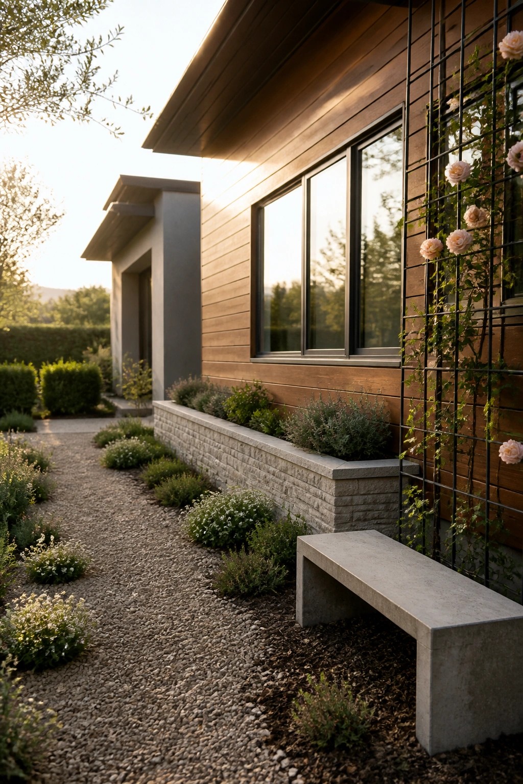 Modern ranch house exterior with wood siding, a long concrete planter filled with shrubs, a concrete bench, and a gravel path.