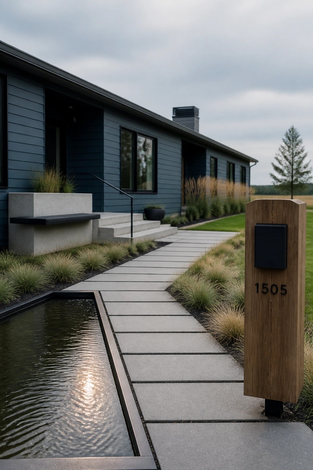 A long modern ranch house with blue gray siding, concrete walkway, and simple landscaping beside a wooden address post.