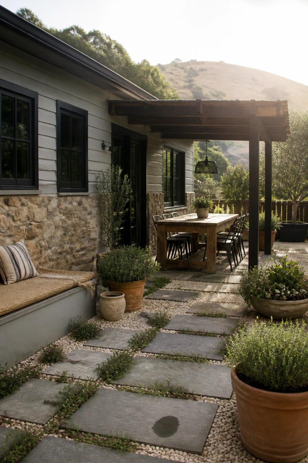 Rustic patio with wooden table, potted plants, stone path, and hillside view.