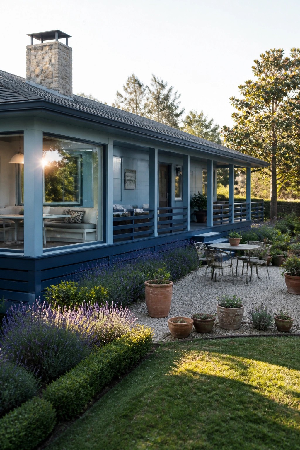 A long low ranch house with soft blue siding, a stone chimney, and a gravel patio bordered by lavender plants and terracotta pots.