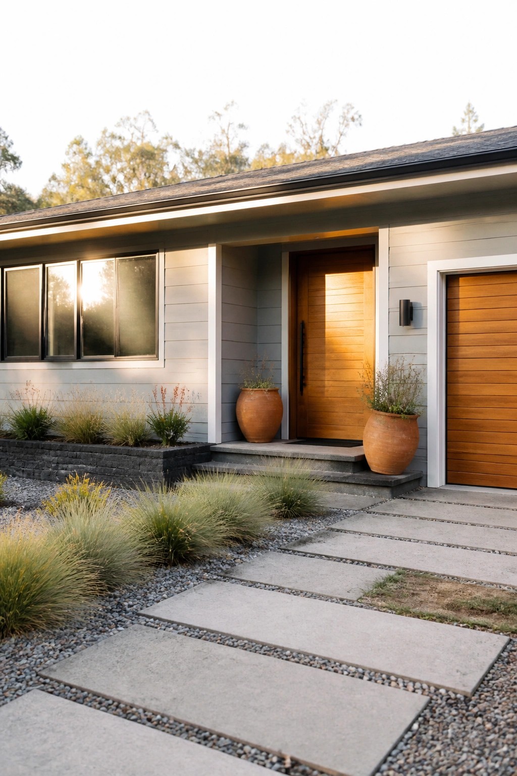 Front view of a modern ranch house with light gray horizontal siding, a wooden front door, a matching wooden garage door, and two large terracotta pots beside the entry steps.