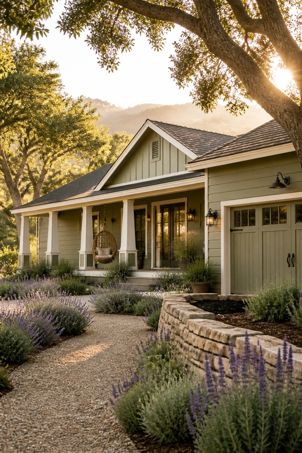 A long ranch house with sage green siding, white trim, a front porch with columns, a two-car garage, and a gravel walkway bordered by lavender and low shrubs.