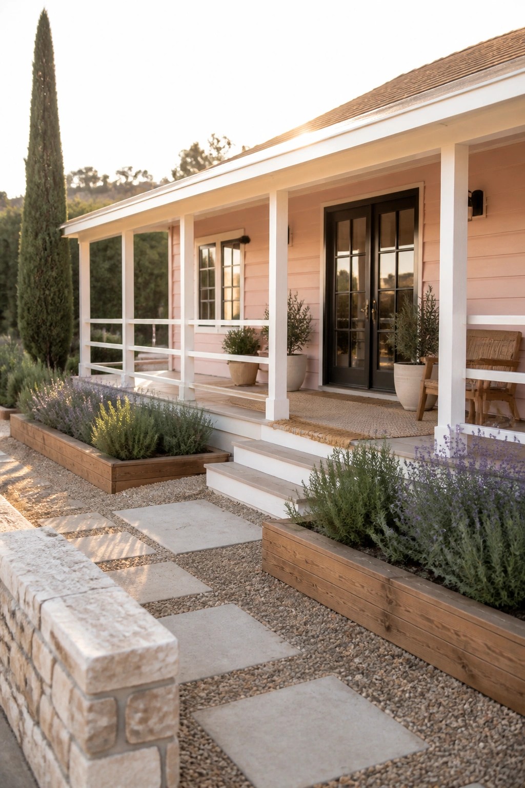 A single-story pink ranch house with white trim, a covered porch, black double doors, and raised wooden garden beds along a gravel path with stone pavers.