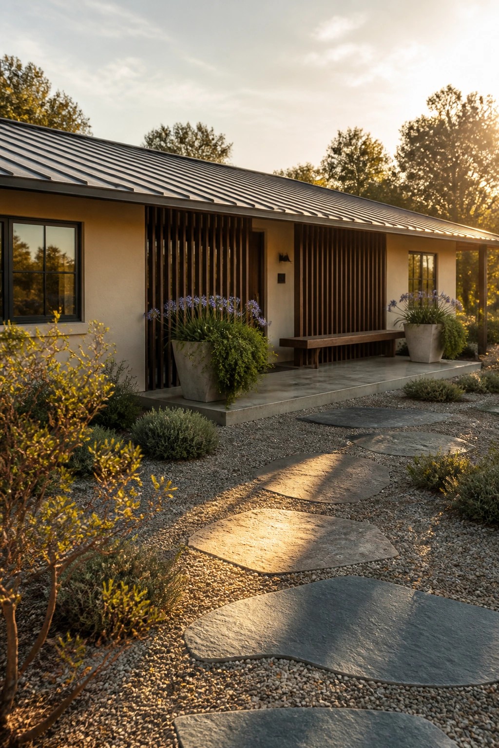 A long low ranch house with light walls and dark metal roof, featuring a concrete porch, potted plants, and a gravel path with irregular stepping stones leading to the entry.