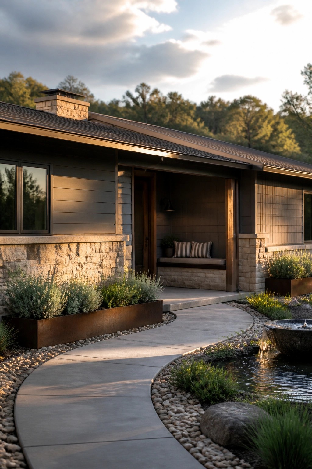 A modern ranch home with a stone base, dark horizontal siding, a covered entry, and a curved concrete walkway beside a small water feature.