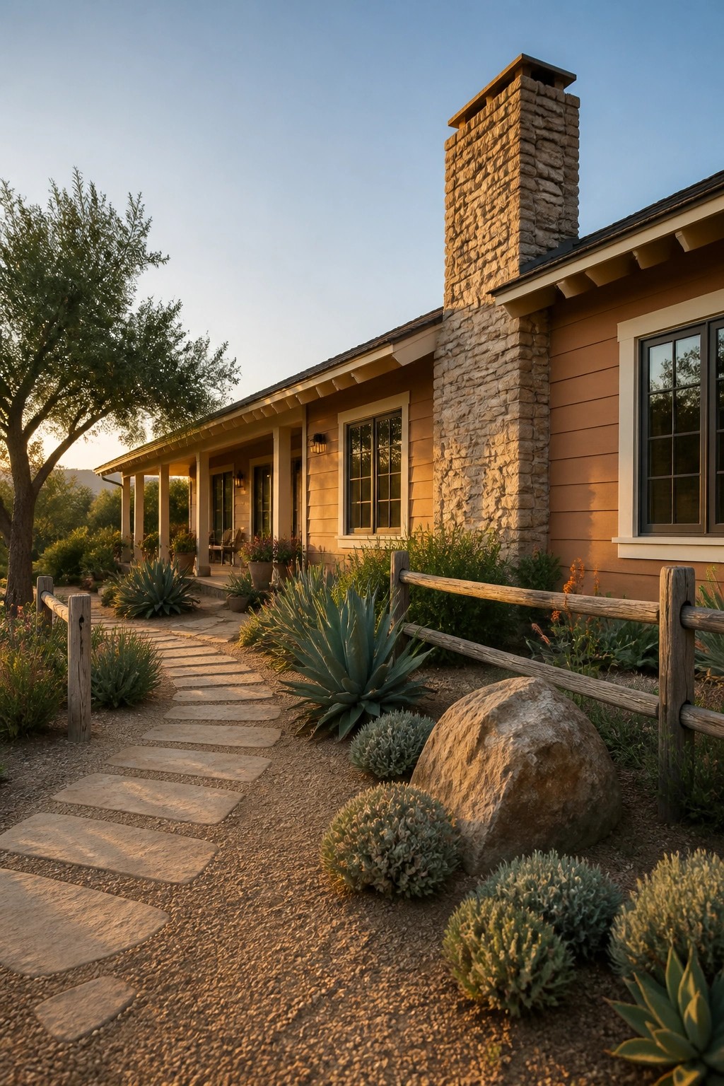 A long single-story ranch house with warm terracotta siding, a tall stone chimney, and a gravel path with agave plants leading to the porch.