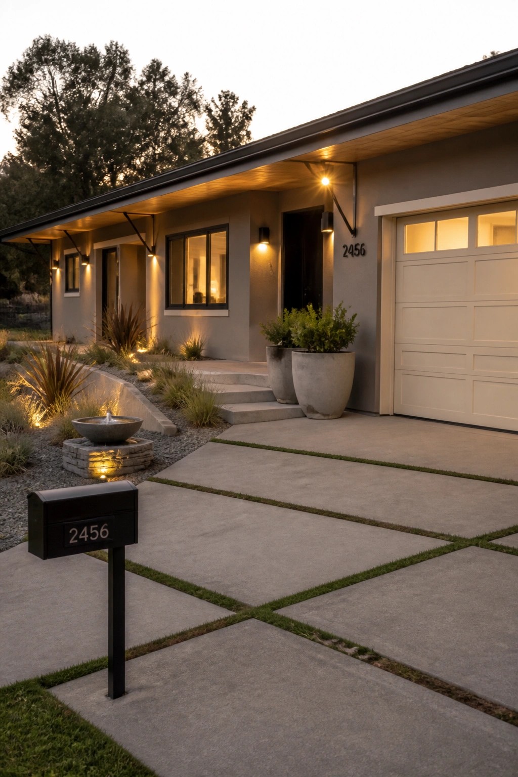 A single-story modern ranch house with light gray stucco walls, a white garage door, black mailbox, and concrete driveway with grass strips at dusk.