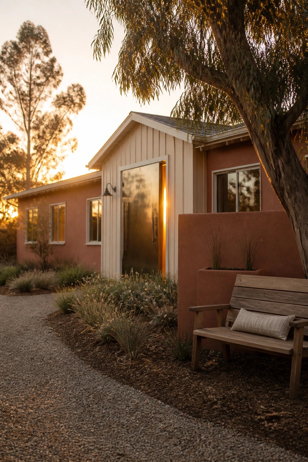 A single-story ranch house with terracotta walls, a light gable end, a metal door, and a gravel path beside a wooden bench and low plantings.