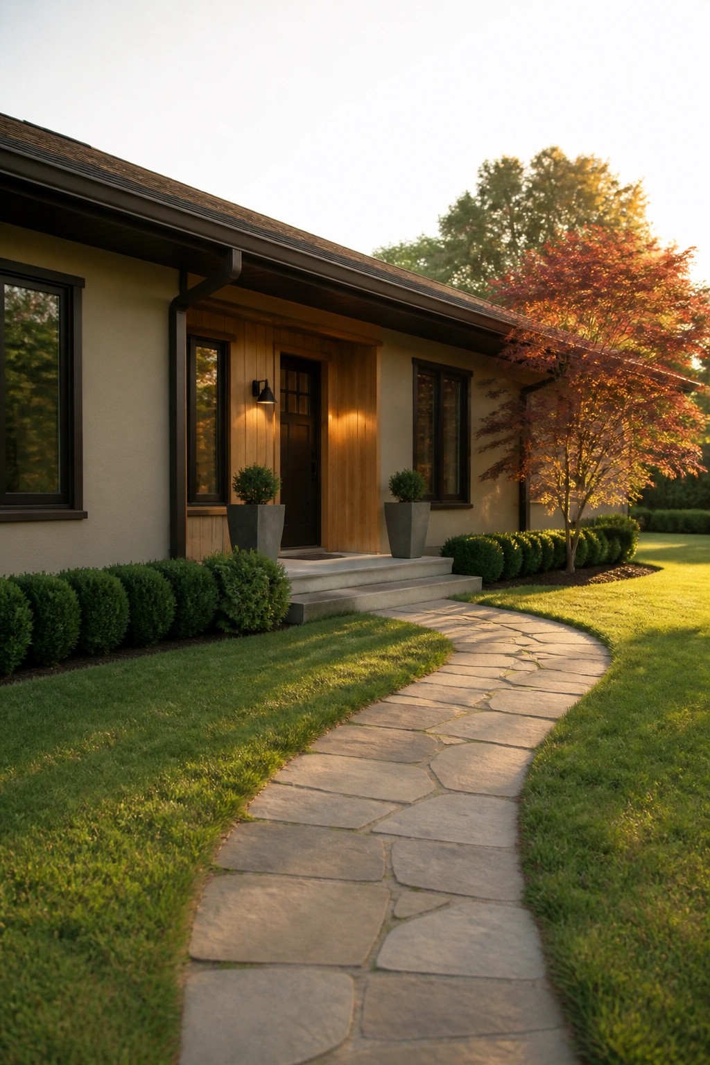 A single-story ranch house with beige siding, dark-framed windows, a wood-paneled entry with a dark door, and a curved stone path bordered by shrubs and a red-leafed tree.