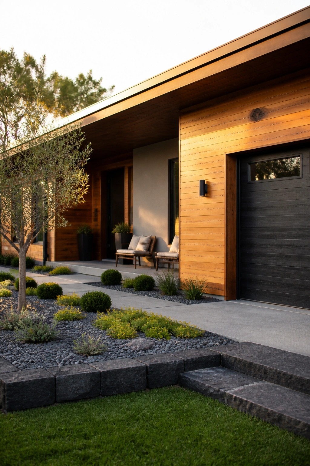 A low ranch-style house with warm horizontal wood siding, a dark garage door, and simple gravel landscaping with shrubs along the front.
