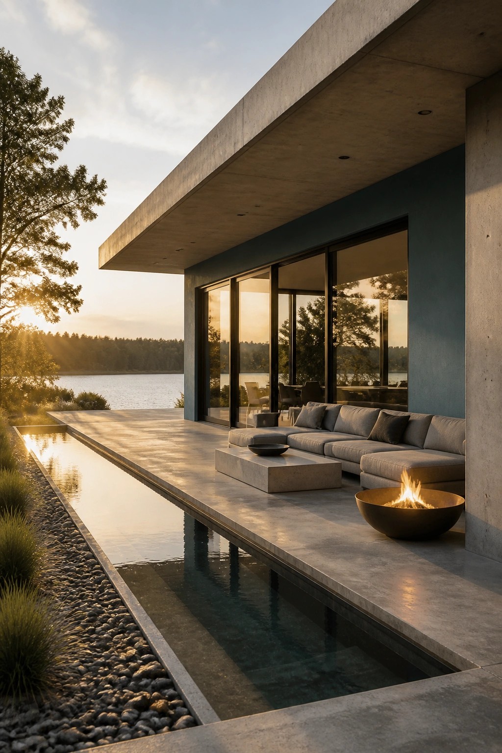 Modern house with a blue exterior wall, large glass doors opening to a concrete patio with a gray sectional sofa, a round fire pit, and a long reflecting pool beside a lake at sunset.
