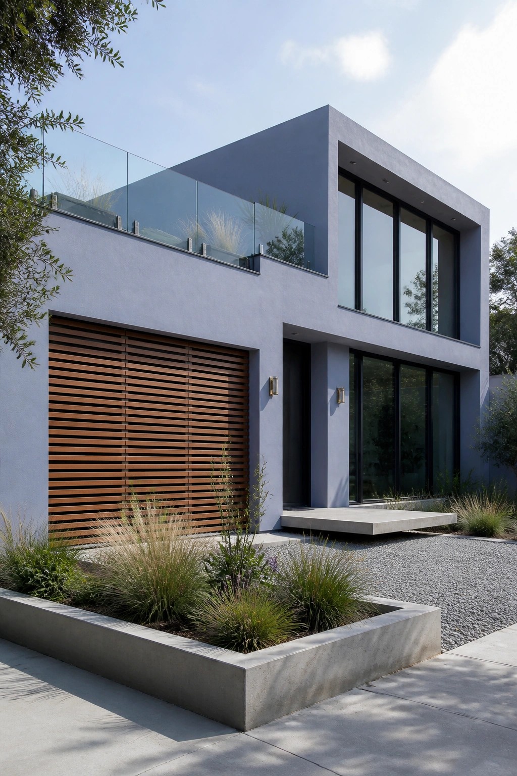 A modern two-story house with blue-gray stucco walls, a large wooden slatted garage door, black-framed windows, a glass balcony railing, and a concrete planter with ornamental grasses.