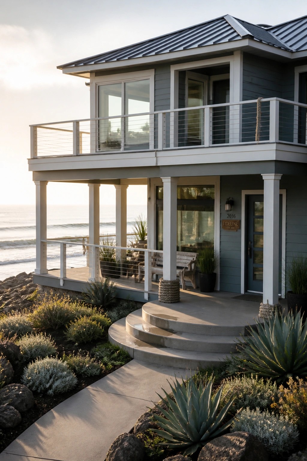 A two-story coastal home with blue-gray siding, white trim, upper and lower decks, and a concrete path leading to the front door, set against the ocean.