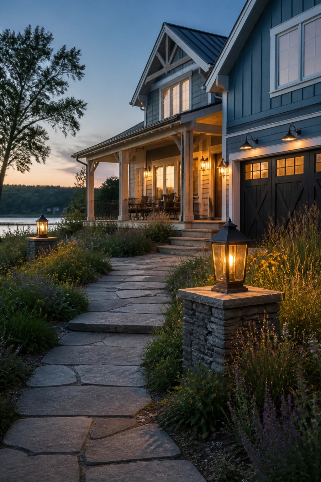 A blue wooden house with a covered porch, lit lanterns, and a stone pathway leading to the entrance beside a lake at dusk.