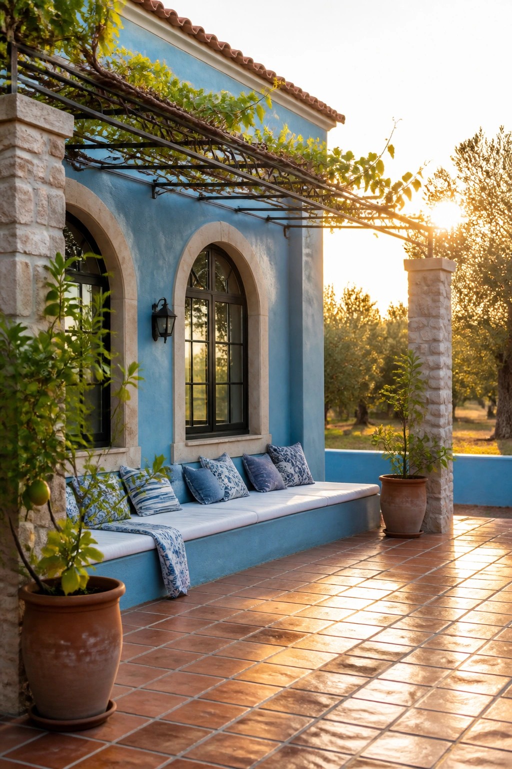 A blue stucco house exterior with arched windows, a long built-in bench with cushions, and terracotta tile flooring on an outdoor patio.