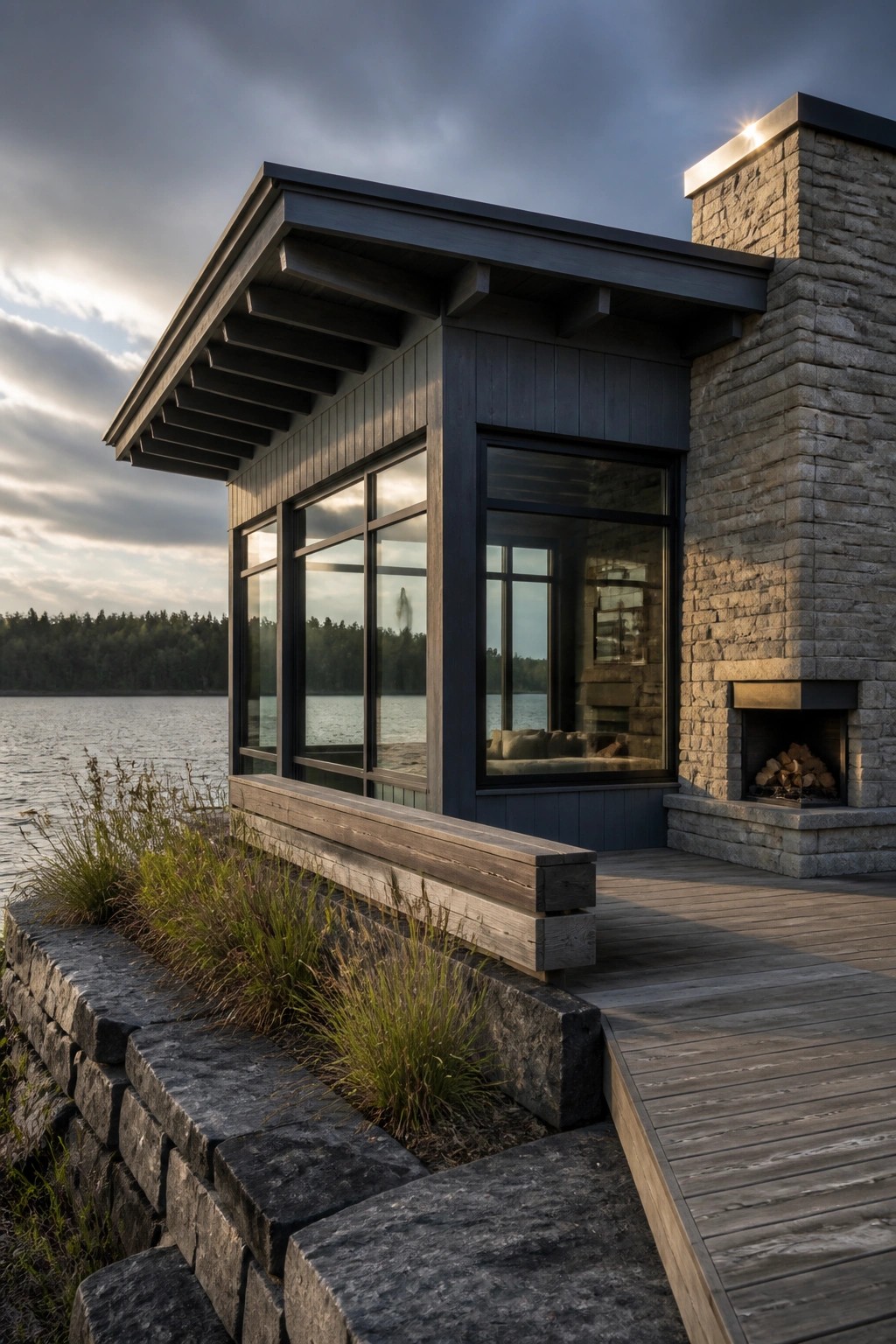 Modern house with dark blue siding, large windows, stone chimney, and wooden deck beside a lake.