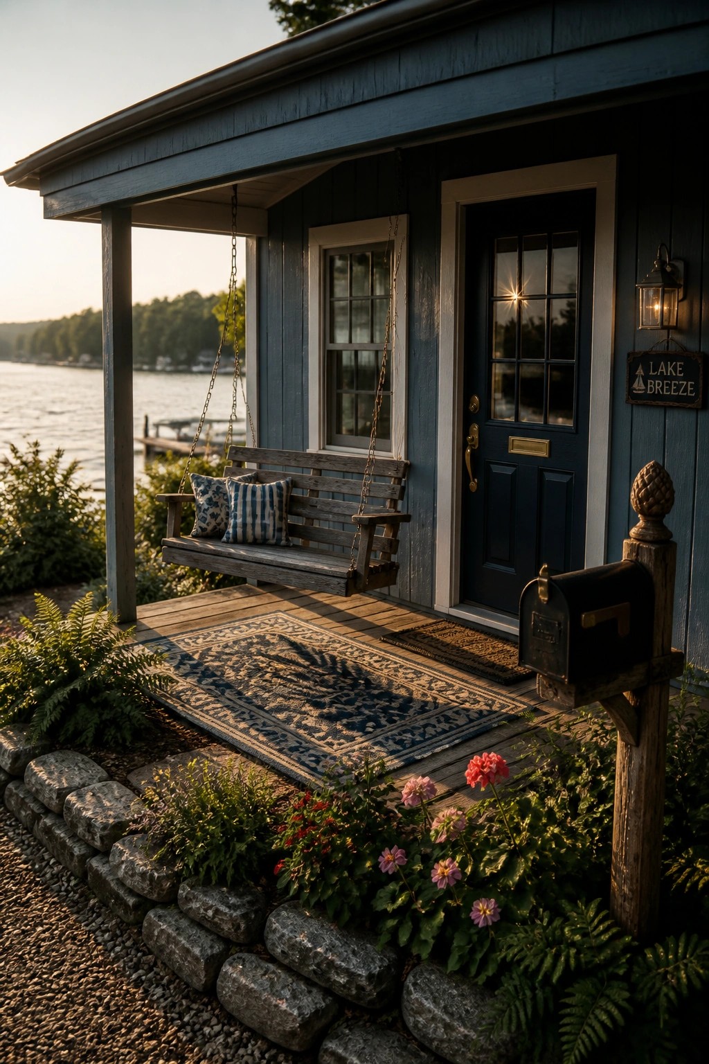 A dark blue house exterior with a wooden porch swing, front door, mailbox, and flowers in front of a lake.