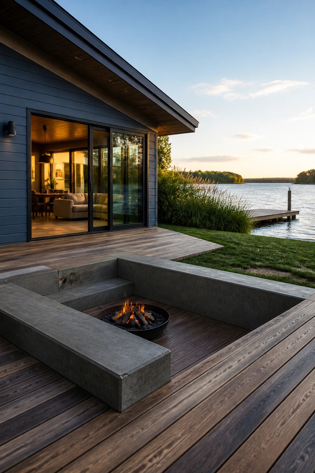 A modern house with dark blue siding features large glass doors opening onto a wooden deck with a concrete fire pit area overlooking a lake.