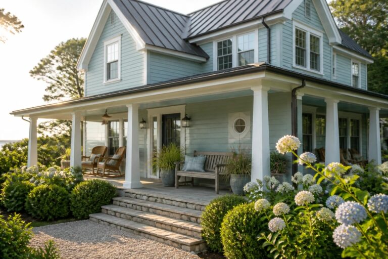 22 Serene Blue Exterior House Colors for Coastal, Lake, and Breezy Modern Homes A two-story house with light blue siding, white trim, a dark metal roof, and a wide front porch with rocking chairs and steps leading to a garden.