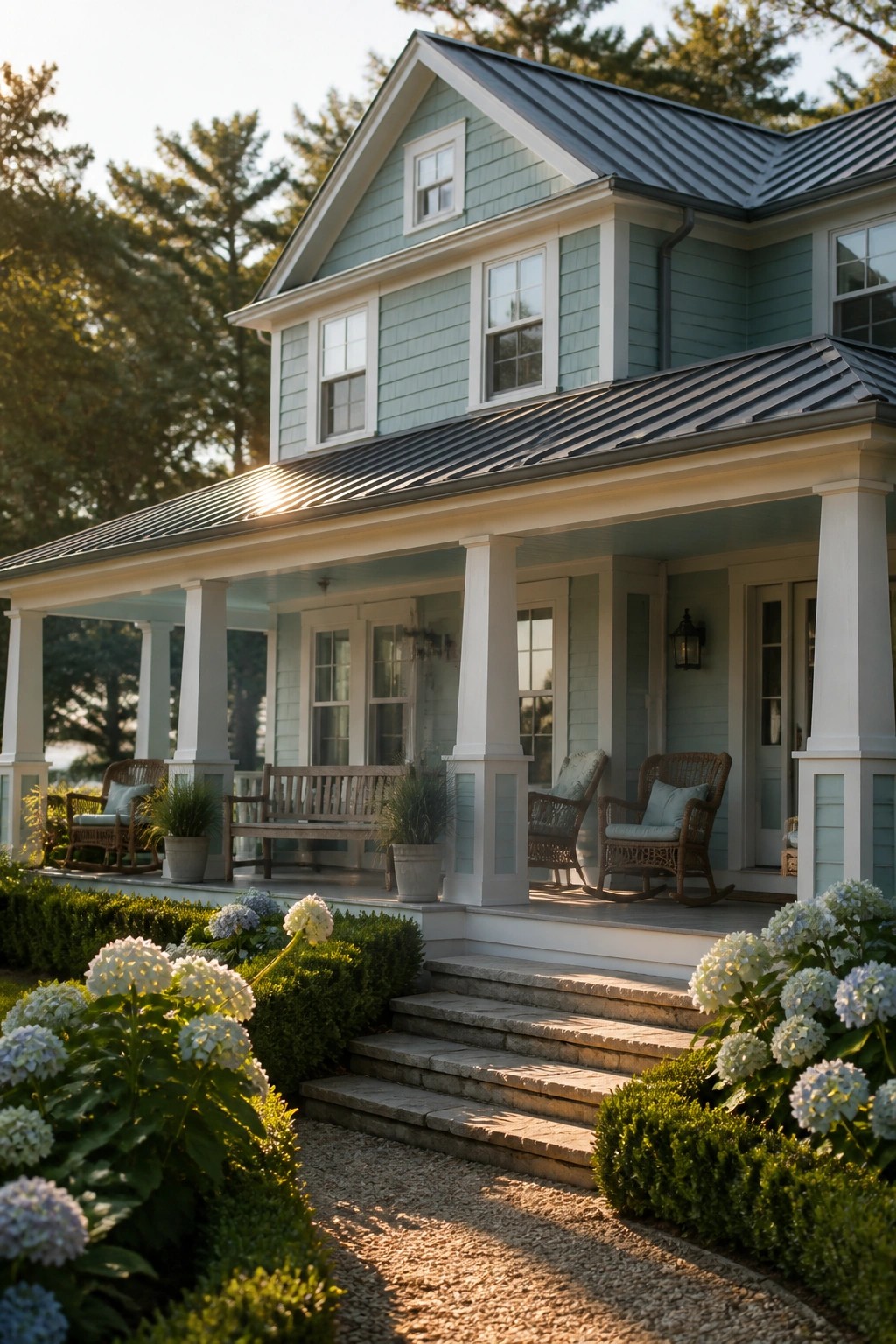 A two-story house with light blue siding, white trim, a dark metal roof, and a wide front porch with rocking chairs and steps leading to a garden.