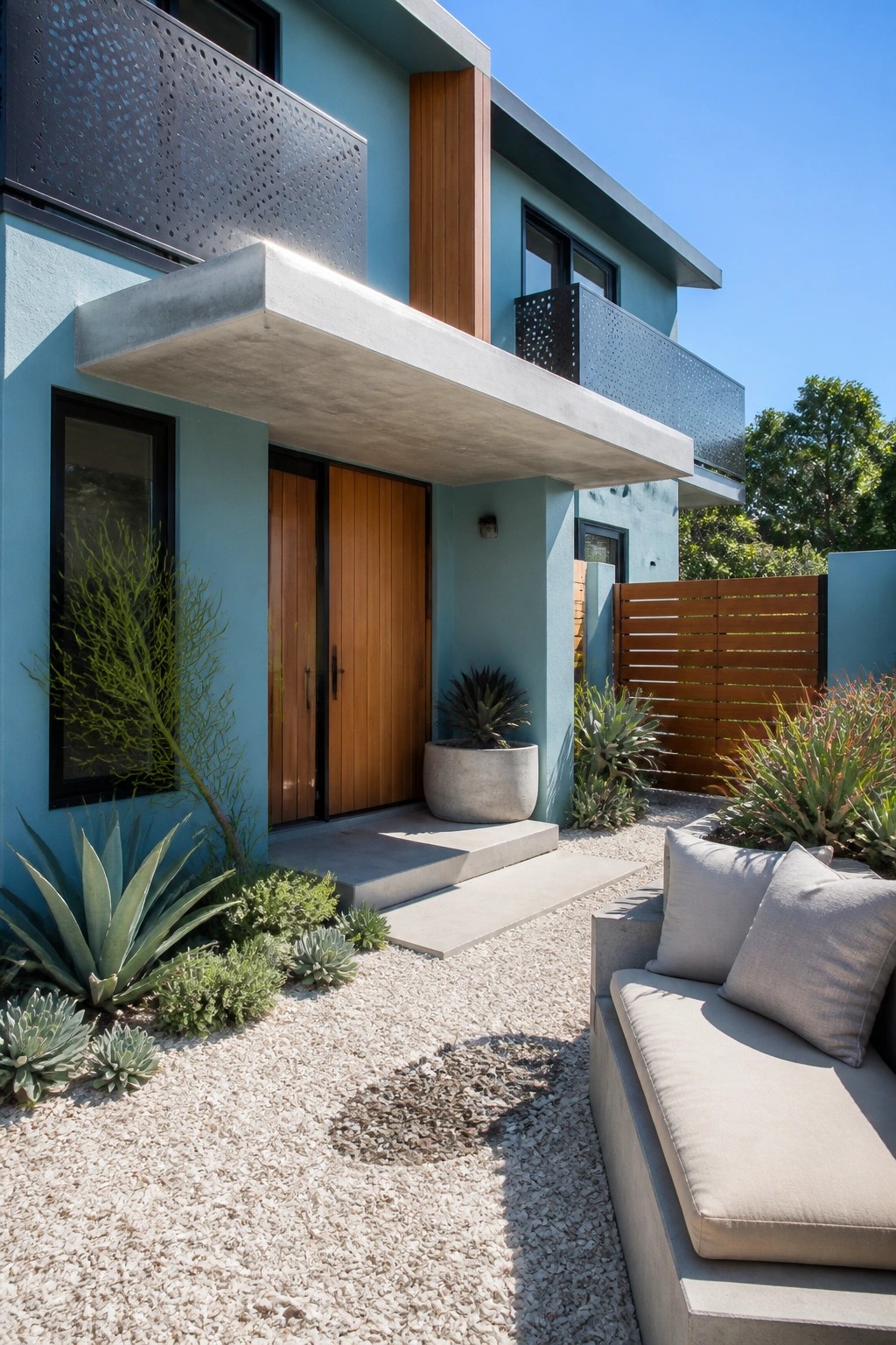 A modern two-story house with light blue stucco walls, vertical wood entry doors, a concrete overhang, and a gravel courtyard with outdoor seating.