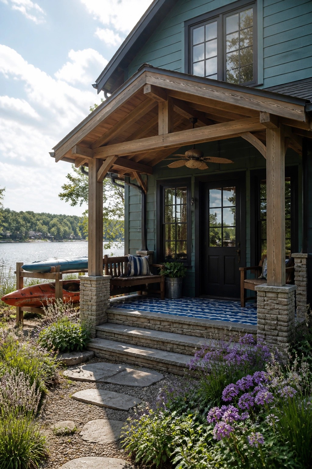 A house with blue-green siding, a wooden porch, black door and windows, stone steps, and kayaks stored near the water.