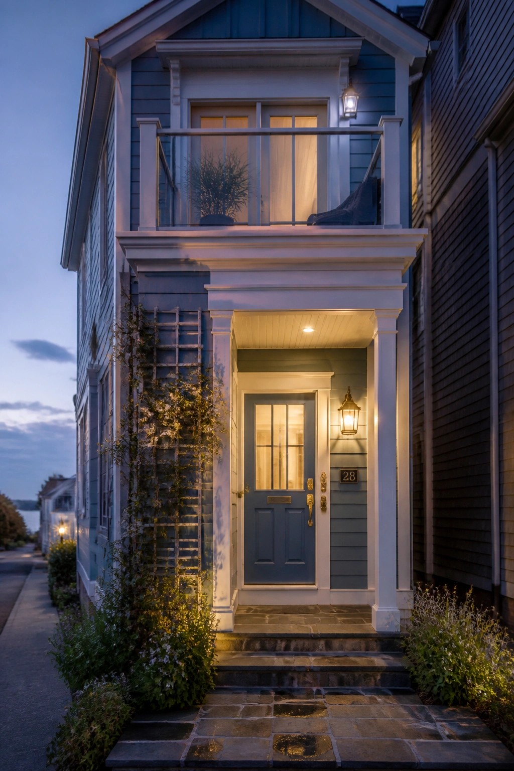 A two-story house with blue siding, white trim, a blue front door, and stone steps at dusk.