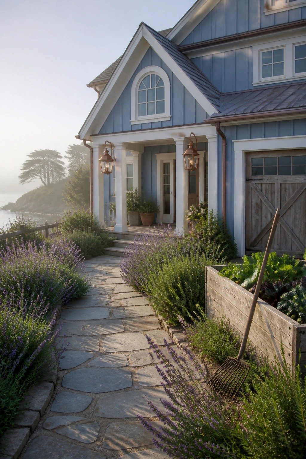 A light blue house with white trim features a stone walkway bordered by lavender and a raised wooden garden bed in the foreground.