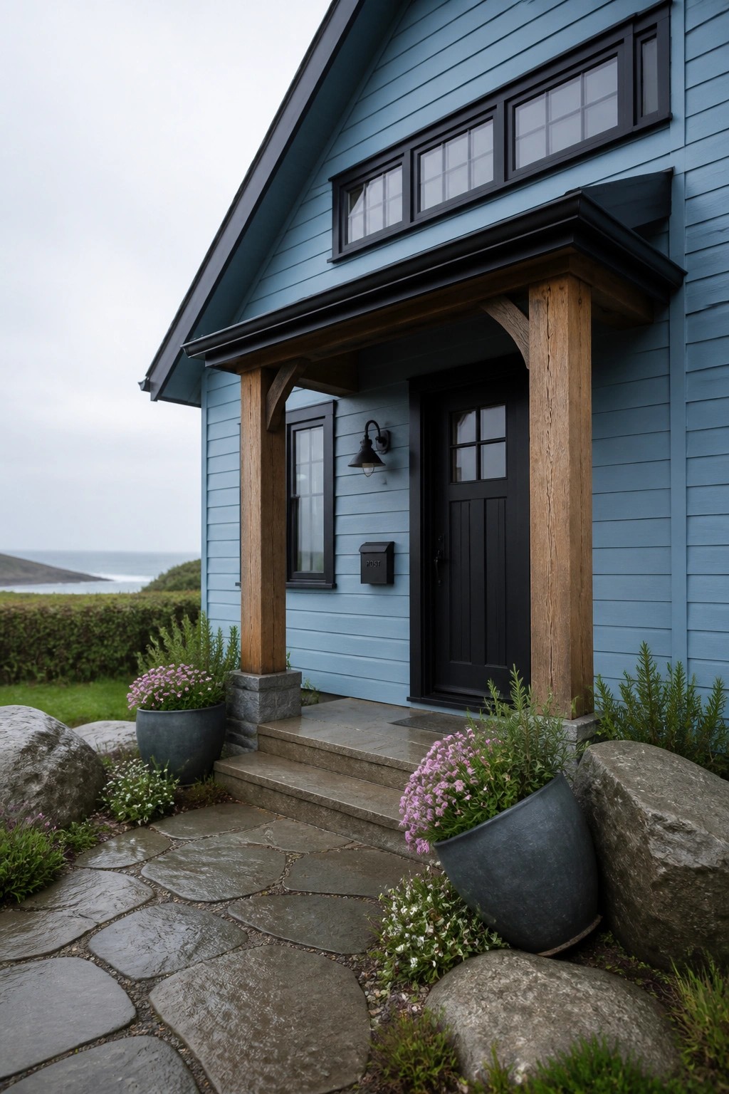 A light blue house exterior with black door and windows, wooden porch posts, stone steps, and potted plants beside a flagstone path.