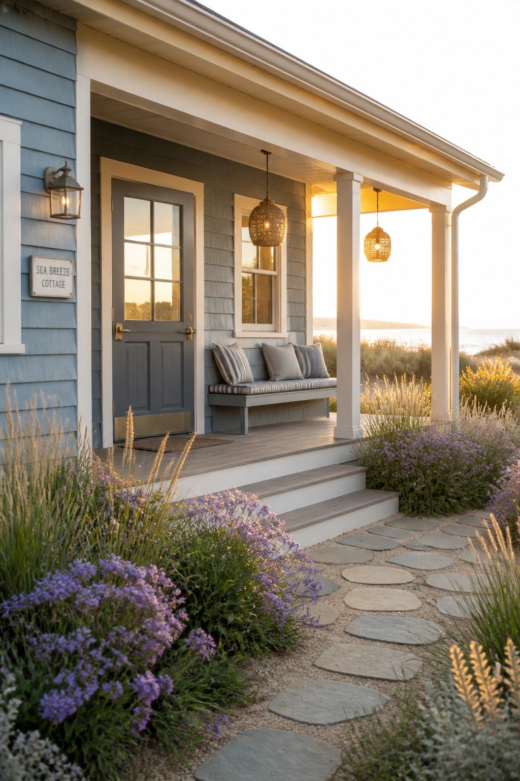 A blue shingled cottage with a gray door, white porch columns, hanging lights, and a stone path leading to the front steps.