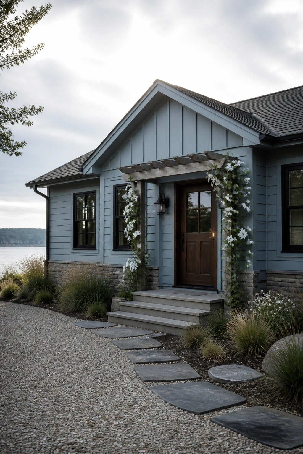 A light blue house exterior with dark wood door and trim, stone foundation, small wooden pergola over the entry, and stone steps leading from a gravel path.