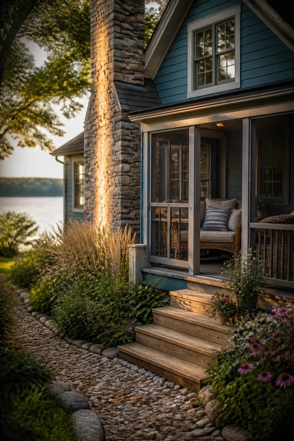 A blue house exterior with stone chimney, screened porch, wooden steps, and a cobblestone path leading toward a lake.