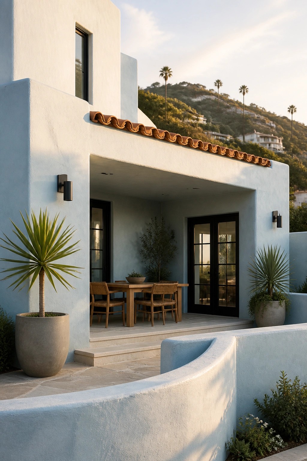 A light blue stucco house exterior with terracotta roof tiles, black-framed doors and windows, a covered patio with a wooden dining table, and large potted plants.