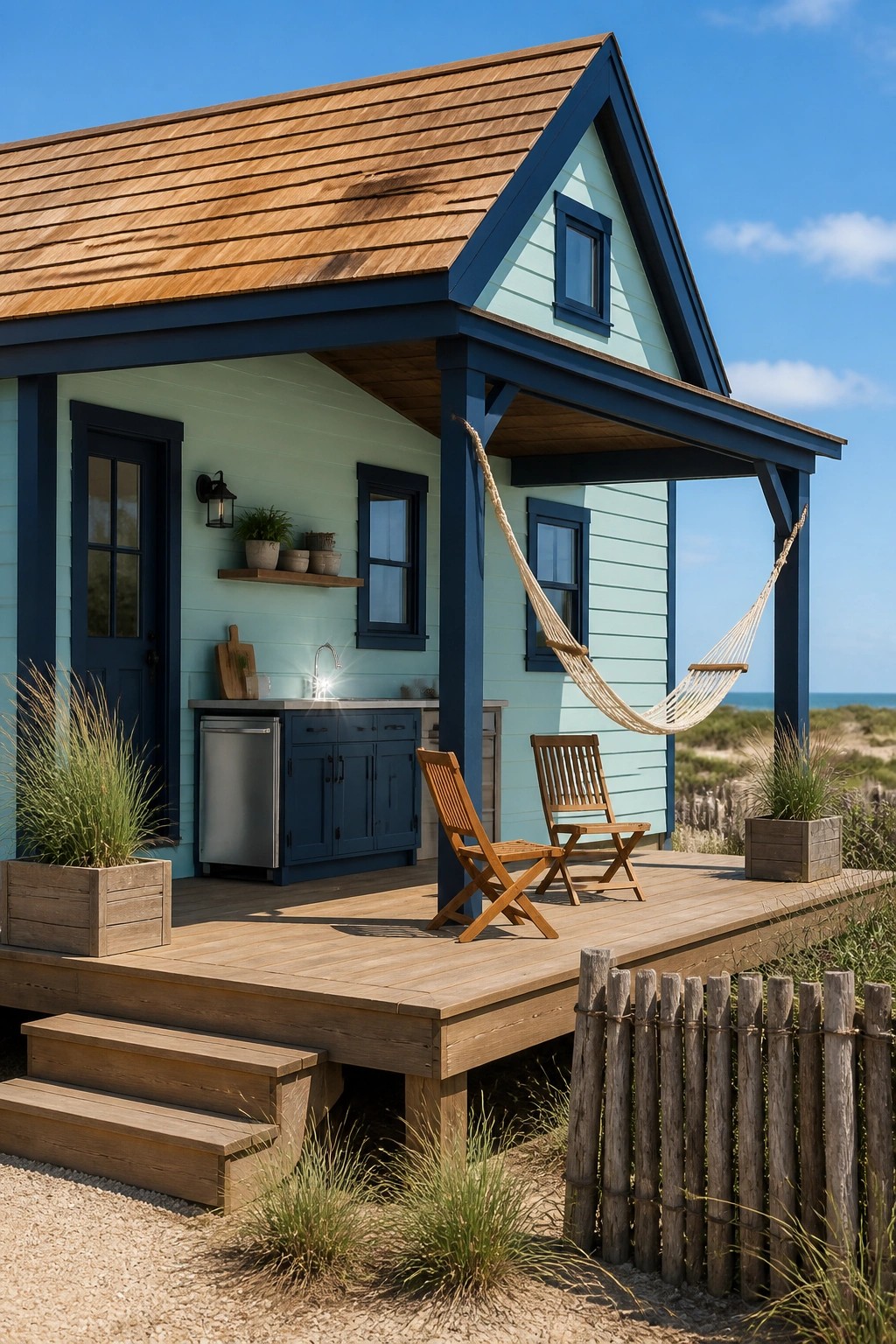 A small light blue house with dark blue trim, a wooden deck, two chairs, a hammock, and coastal dunes in the background.