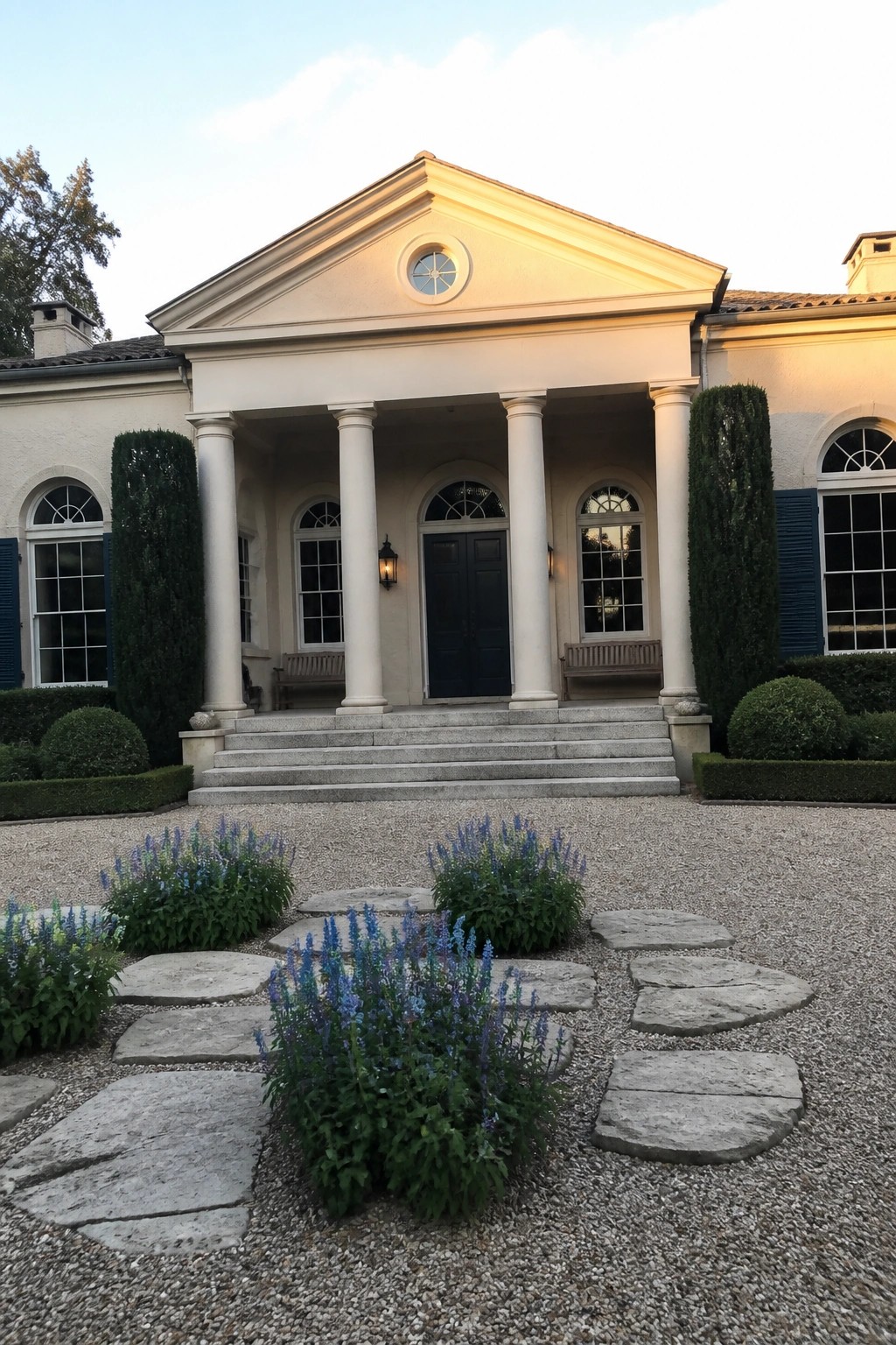 Front view of a light beige house with a white columned portico, dark blue double doors, blue shutters, and a gravel driveway with stone stepping stones.