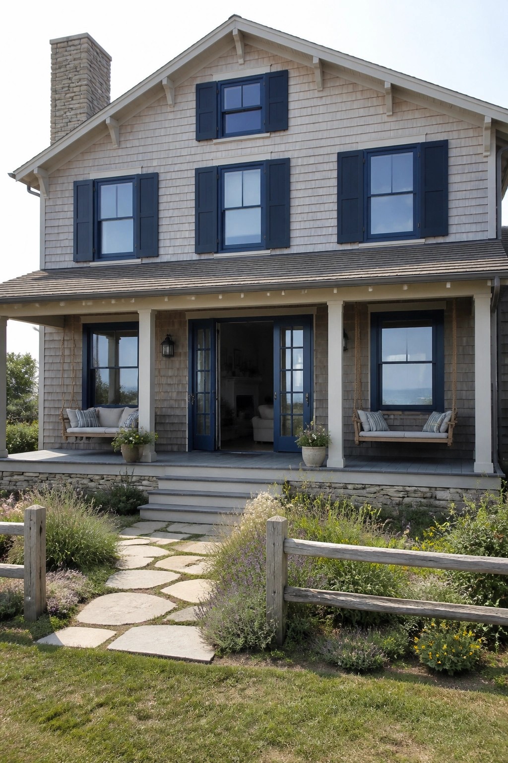 Two-story shingled house with blue shutters, porch swings, and stone pathway
