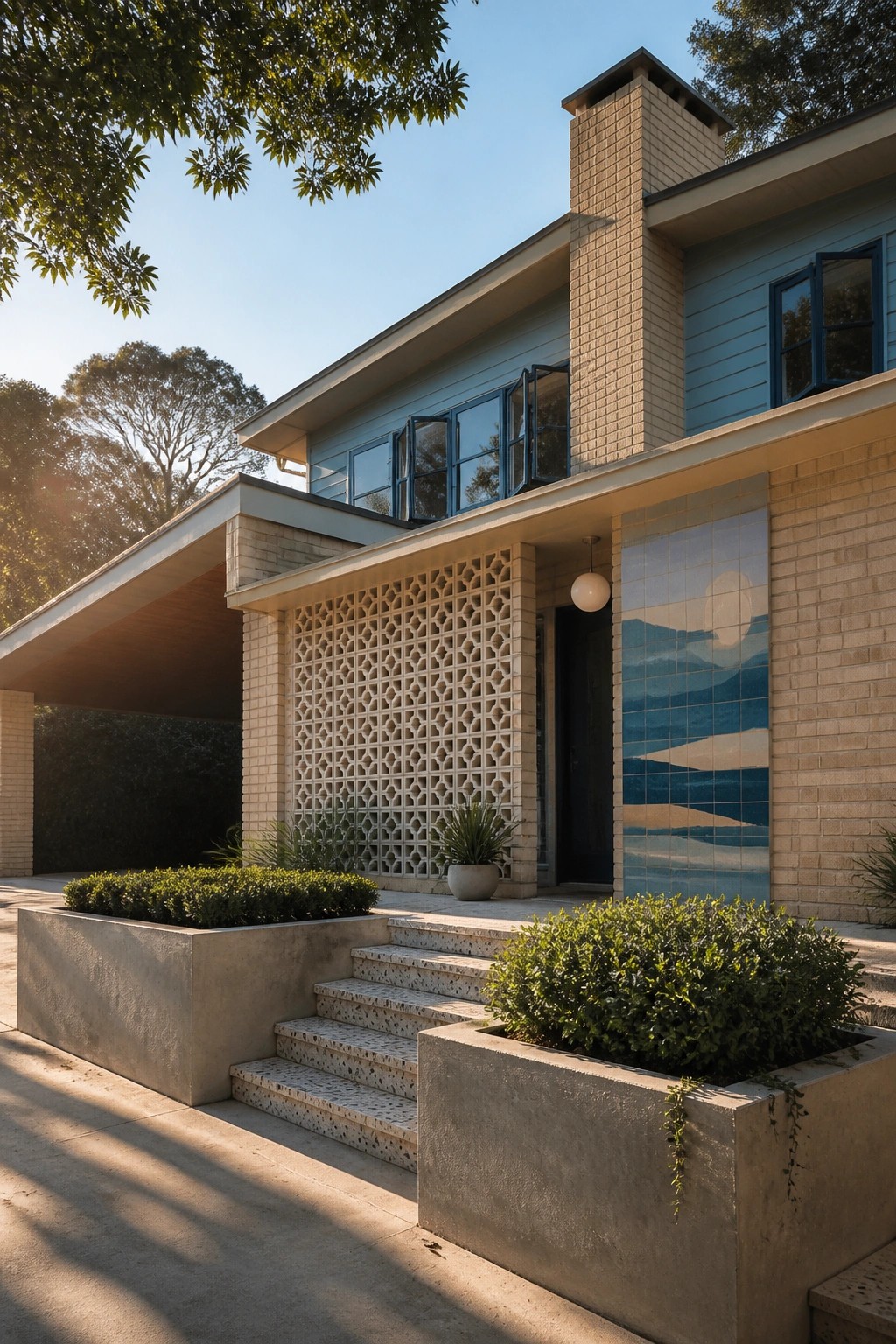 Front exterior of a two-story house featuring light blue siding, beige brick, a decorative concrete block screen wall, blue windows, and concrete planters with shrubs.