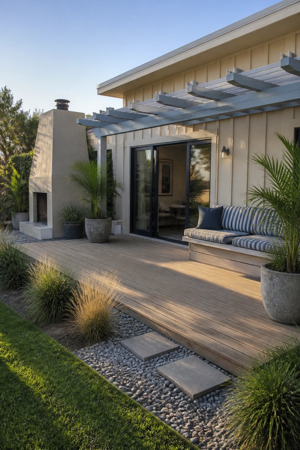 Modern wooden deck with striped bench, pergola, fireplace, and potted plants