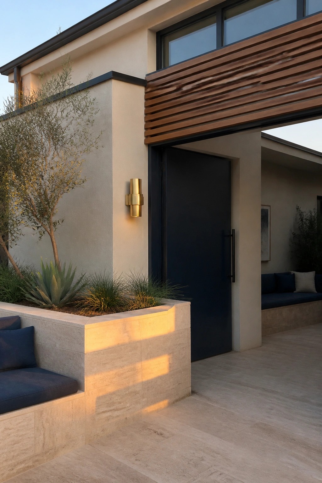 Modern house entry with a black door, brass wall sconce, and built-in stone bench with blue cushions beside a planted bed.