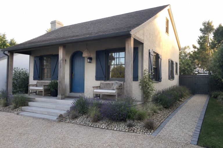 Beige house with blue door, wooden porch, black shutters, stone steps, and gravel path