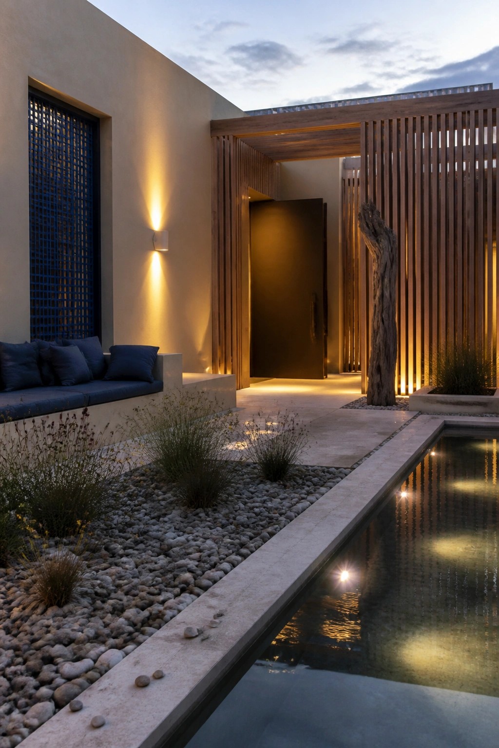 Modern courtyard at dusk with reflecting pool, pebble beds, blue cushions, and lit wooden panels.
