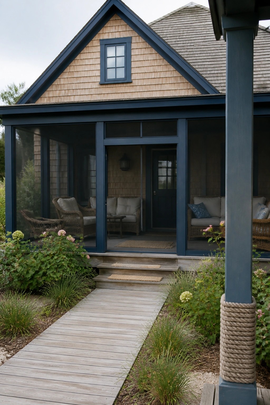 Shingled cottage with blue-trimmed screened porch, wooden path, and garden