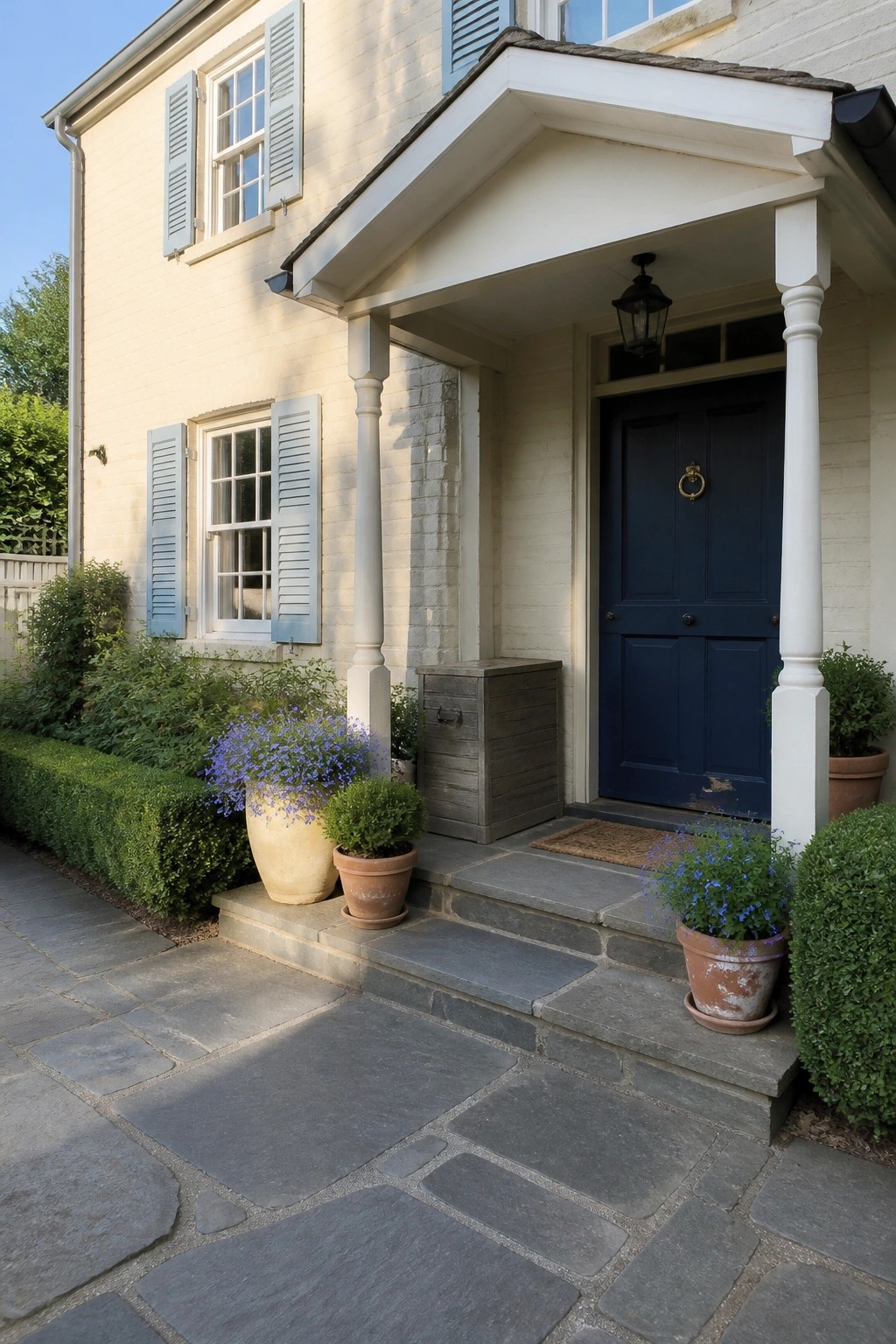 A beige house with a navy blue front door, white porch columns, light blue shutters, and potted plants beside stone steps.