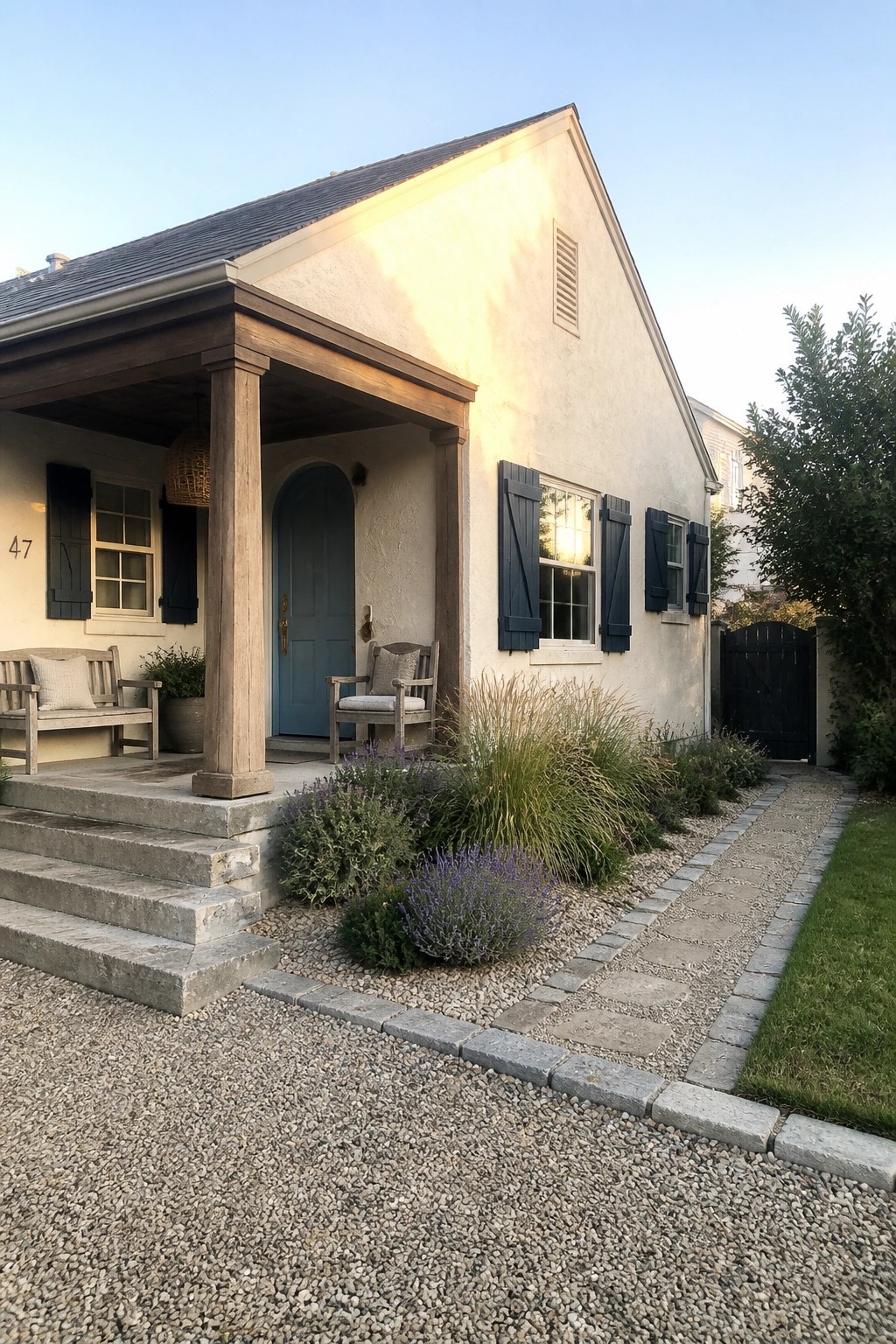 Beige house with blue door, wooden porch, black shutters, stone steps, and gravel path
