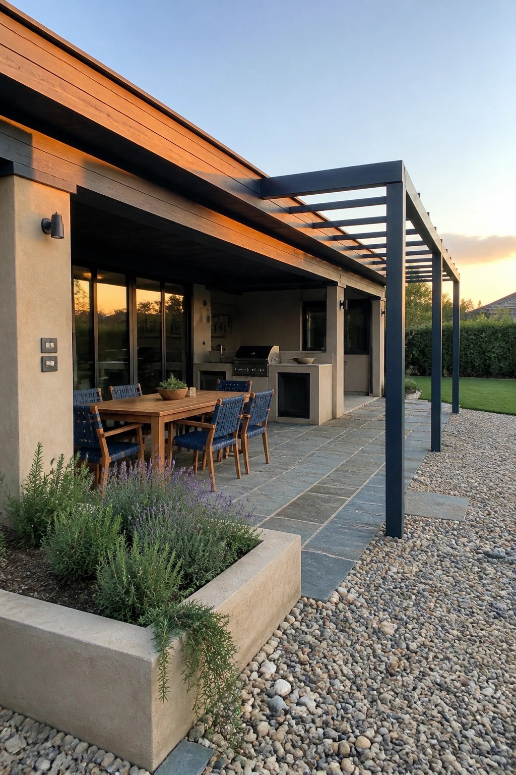 A wooden dining table with blue chairs sits under a dark pergola beside a built-in outdoor kitchen on a stone patio.
