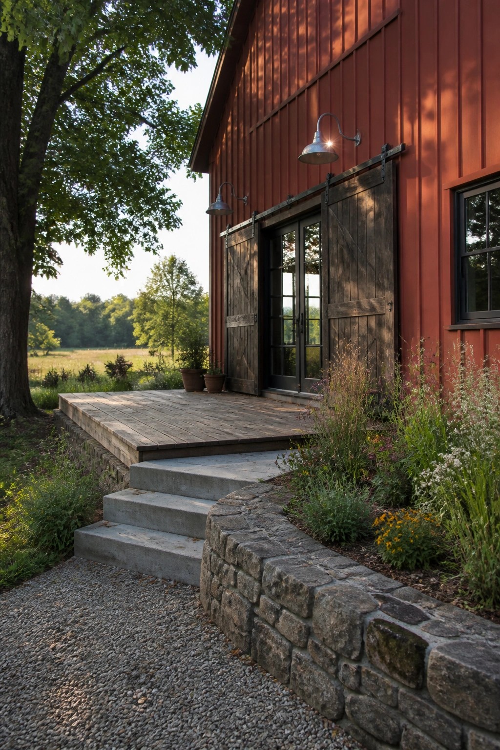 Rustic red barn with sliding doors, wooden deck, stone wall, and gravel path.