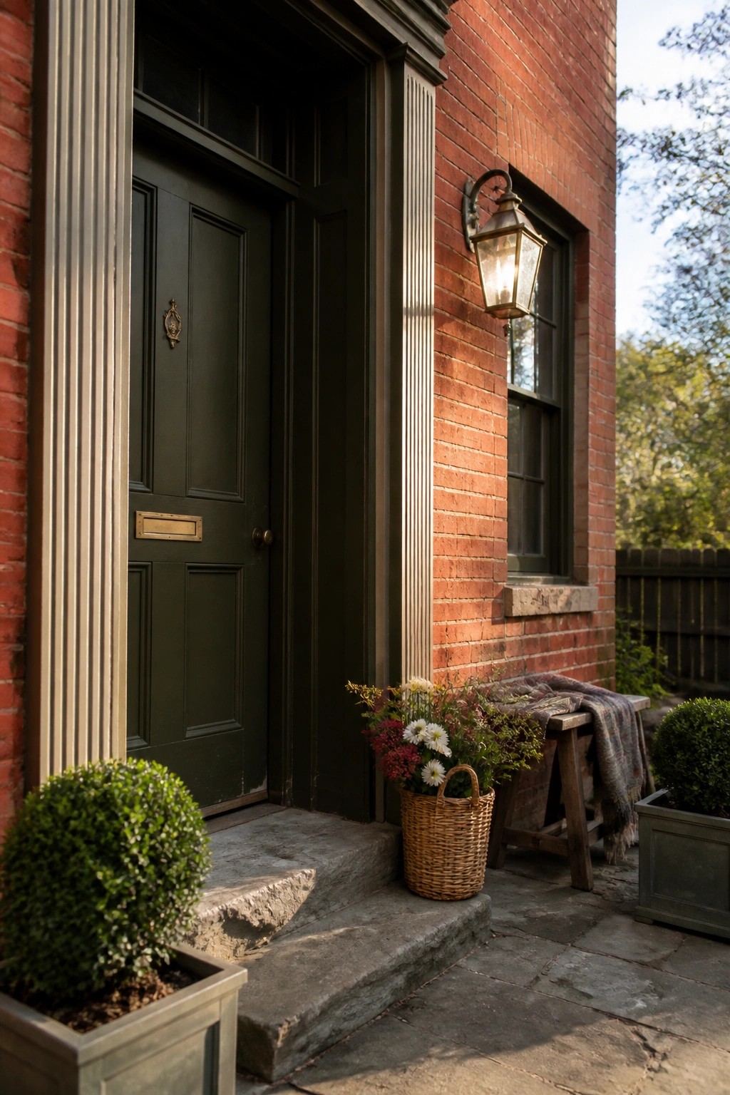A dark green painted front door and trim on a red brick house exterior.