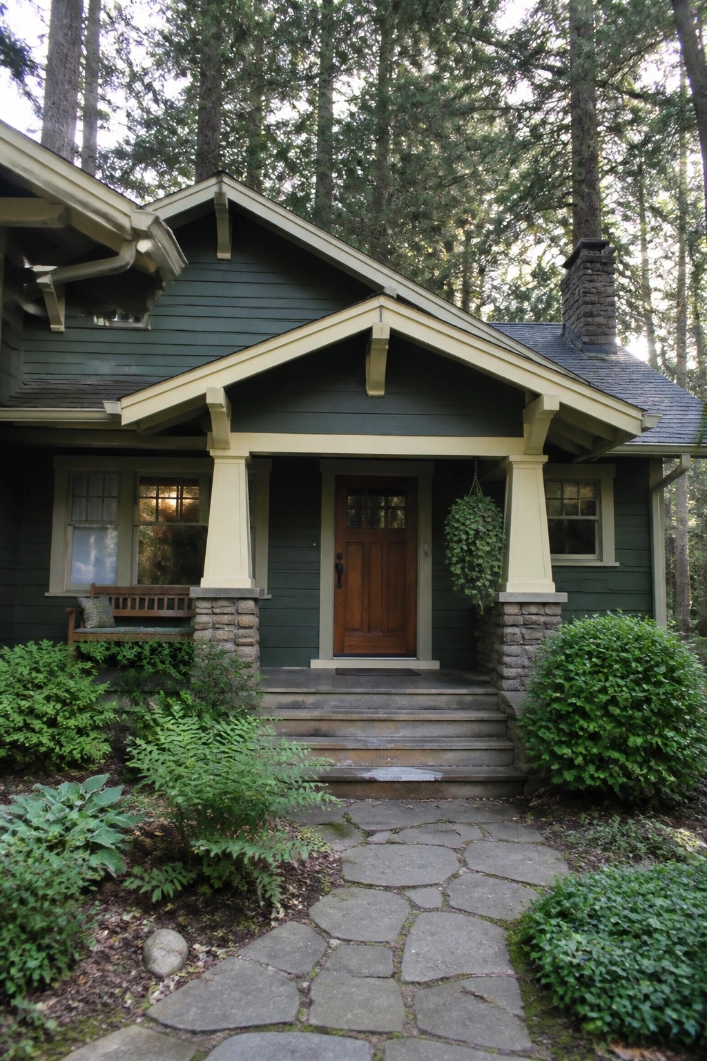 A house exterior with deep green siding, cream trim, and stone pillars at the entry.