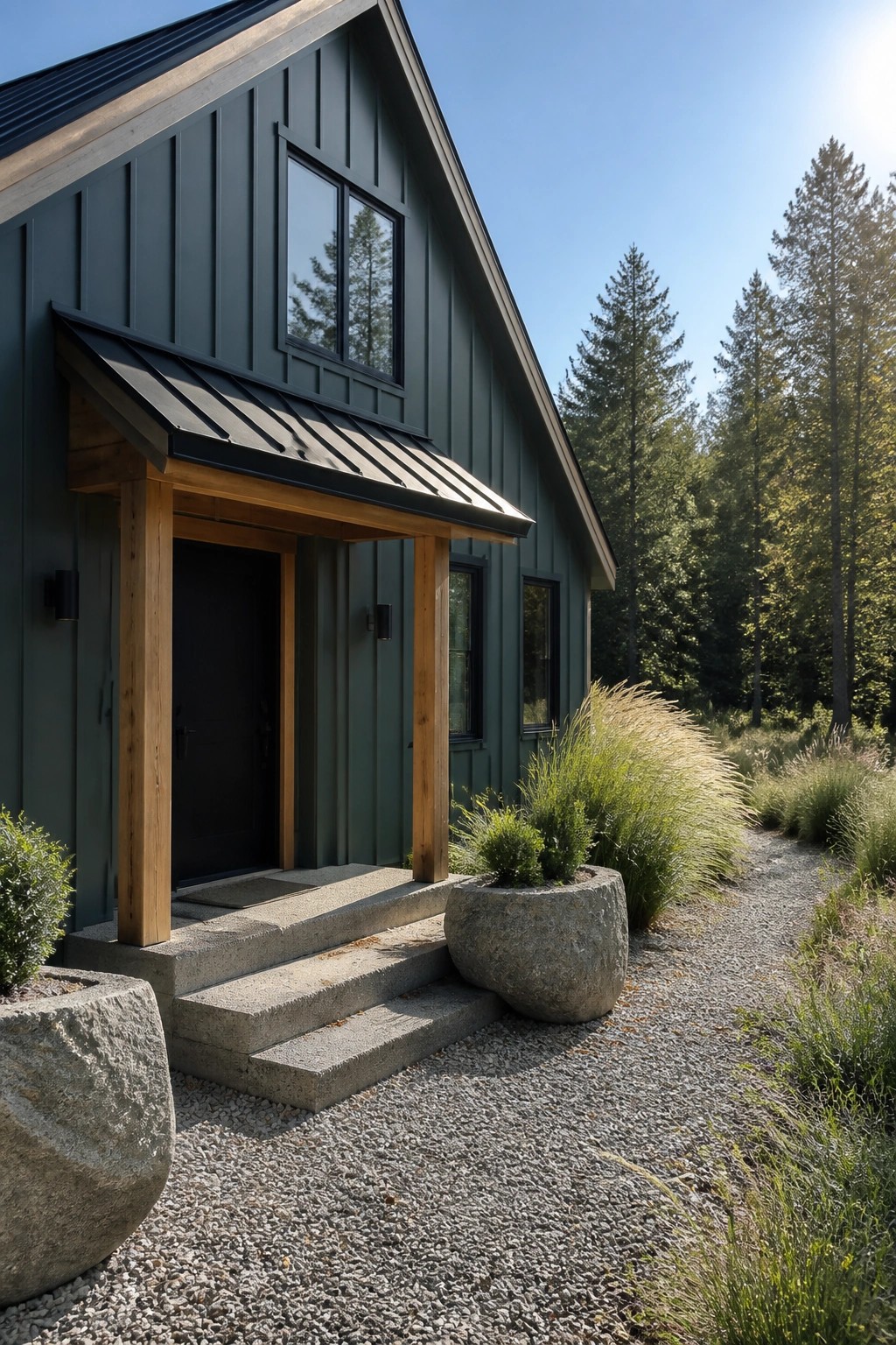 Dark green siding on a modern house with wood porch posts and stone planters.